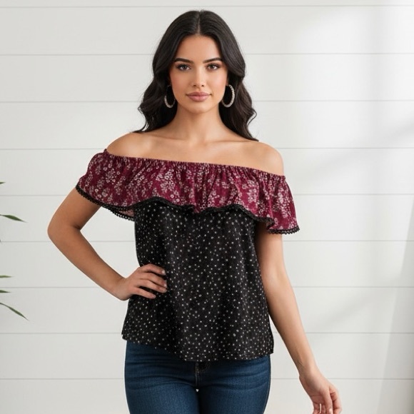 stradivarius Tops - Stradivarius Burgundy and Black Floral Off-Shoulder Blouse